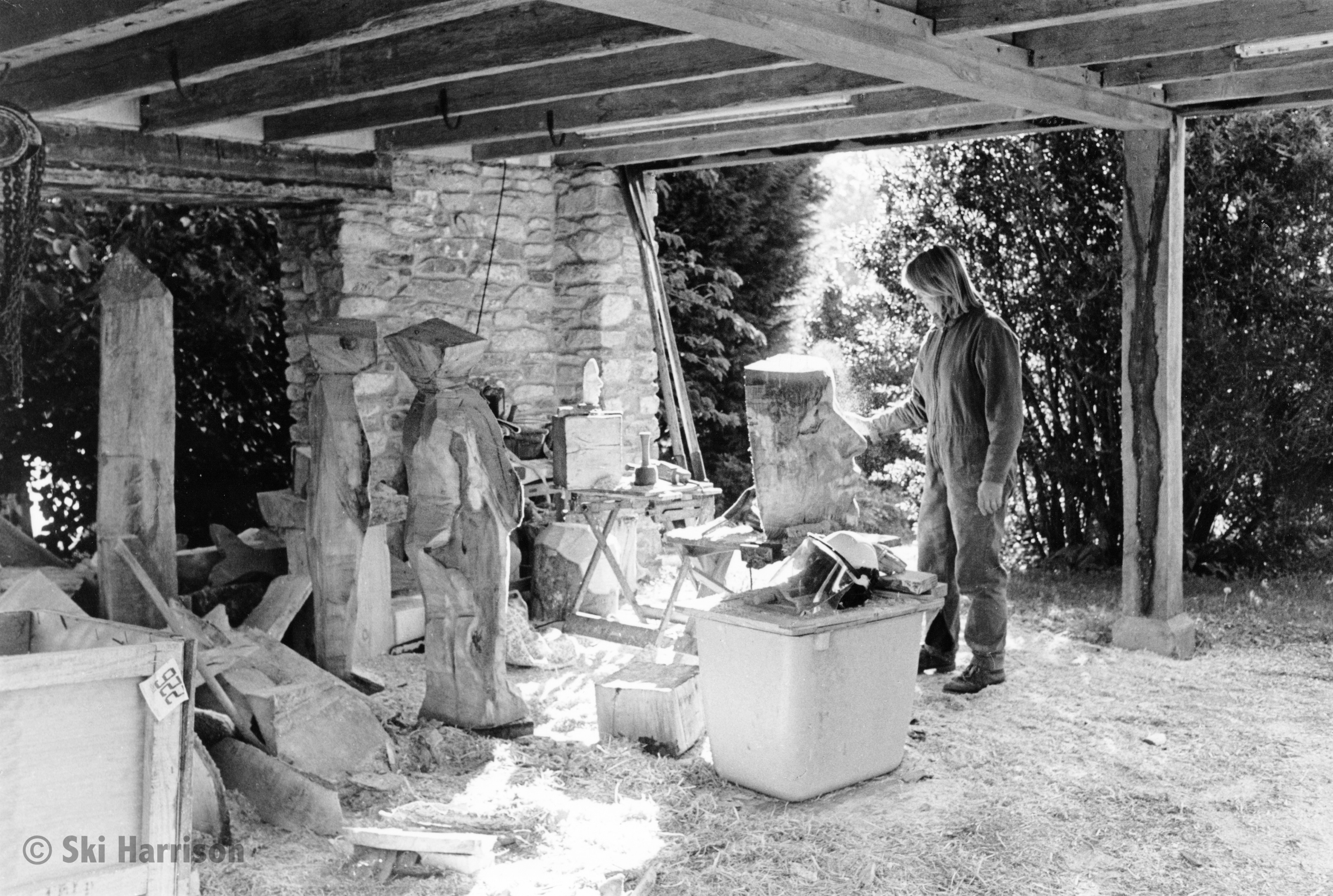 CS10 - Jilly Sutton, a sculptor. working on a wooden head. Whitestone Farmhouse, East Cornworthy, 1999