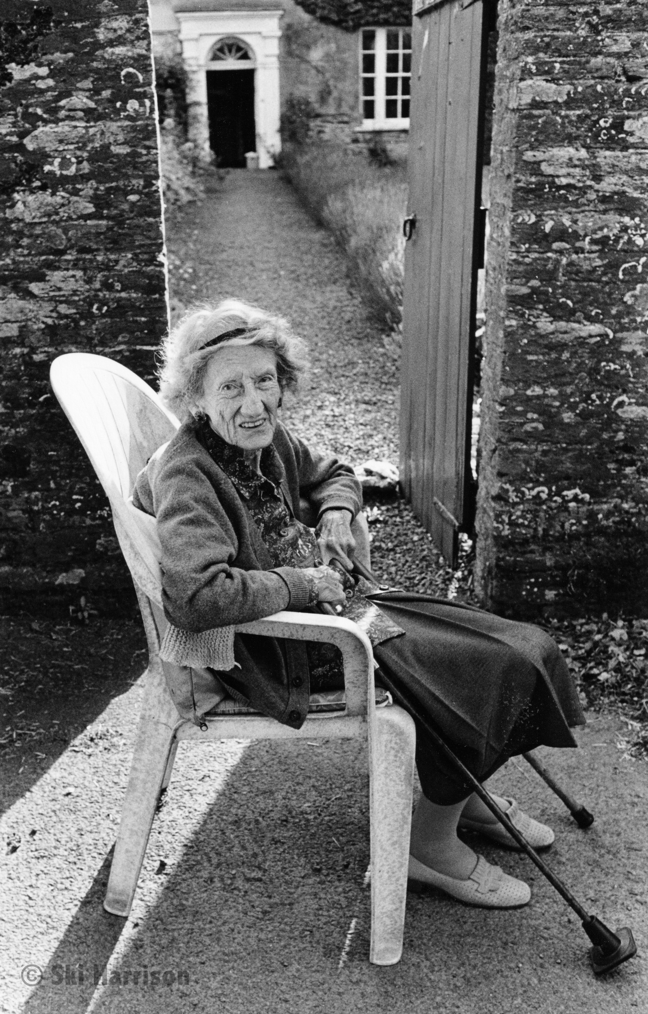CS72 - Mrs Barbara Dangar aged 92 years outside her house, The Old Rectory. Cornworthy, 1998