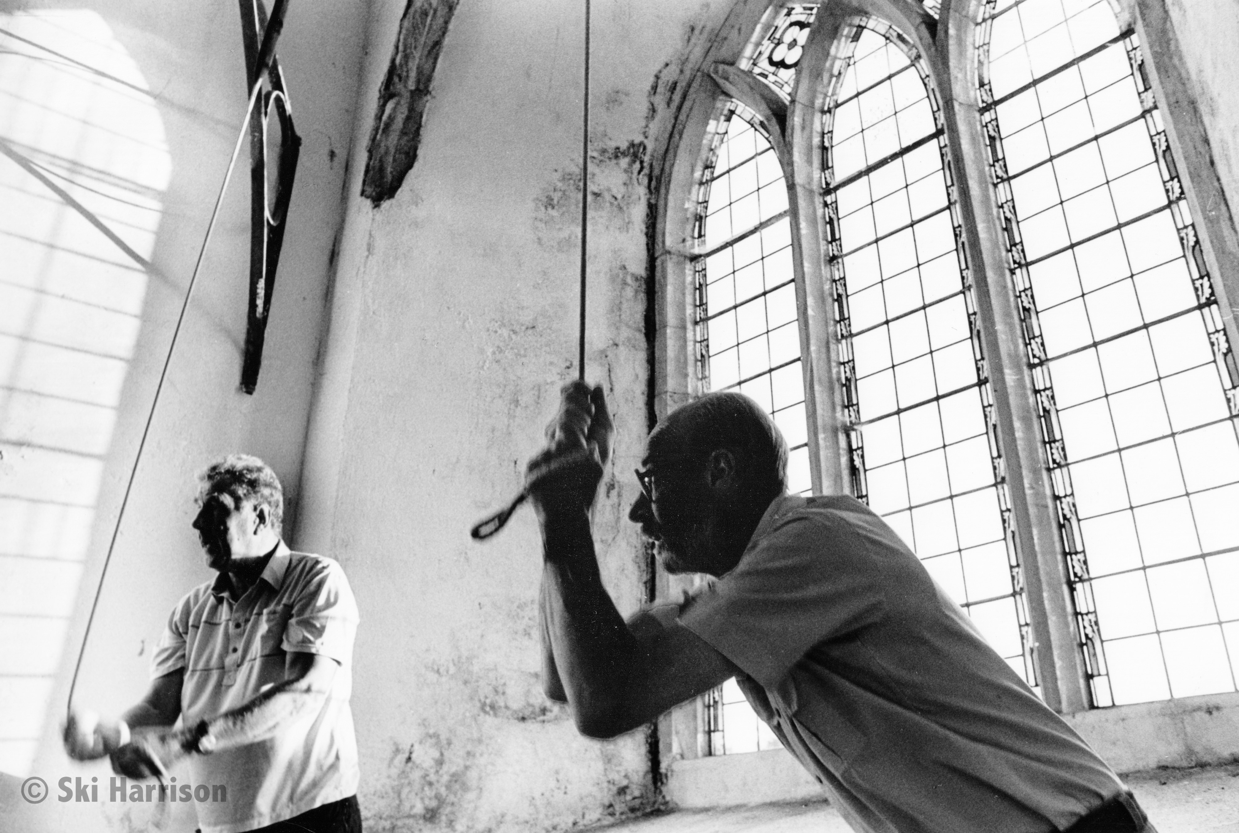 CS86 - L Tony Bryant (Captain of the Tower) and Malcolm Dixon at a Tuesday evening bellringing practice. St Peter's Church, 2000